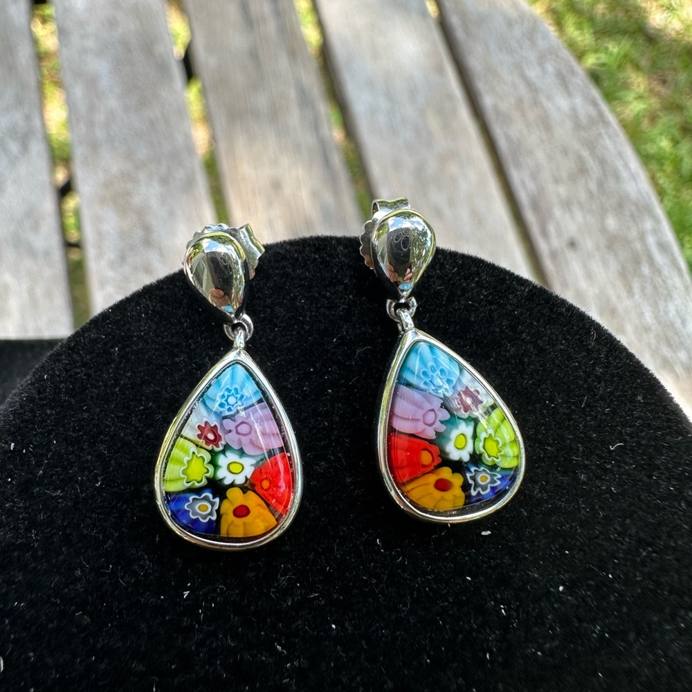 Alan K women’s studs sterling diver (925) earrings ,Murano glass Millefiori.